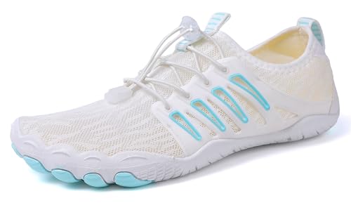 Teechodina Unisex Zehenschuhe Wasserschuhe Strandschuhe Barfußschuhe Barfussschuhe Herren Damen Traillaufschuhe Aquaschuhe Schwimmschuhe Surfschuhe, AD-Weiß Blau, 37 von Teechodina