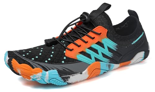 Teechodina Unisex Zehenschuhe Wasserschuhe Strandschuhe Barfußschuhe Barfussschuhe Herren Damen Traillaufschuhe Aquaschuhe Schwimmschuhe Surfschuhe, M Schwarz Orange, 41 von Teechodina