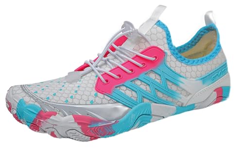 Teechodina Unisex Zehenschuhe Wasserschuhe Strandschuhe Barfußschuhe Barfussschuhe Herren Damen Traillaufschuhe Aquaschuhe Schwimmschuhe Surfschuhe, M Weiß Blau, 39 von Teechodina
