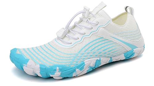 Teechodina Unisex Zehenschuhe Wasserschuhe Strandschuhe Barfußschuhe Barfussschuhe Herren Damen Traillaufschuhe Aquaschuhe Schwimmschuhe Surfschuhe, N Weiß Blau, 39 von Teechodina