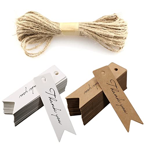 Teegxddy 100 Stück Kraftpapier Anhänger Etikett Geschenk 2x7 cm mit Bindfaden Jute Hochzeit, Geburtstag, Valentinstag, Weihnachten (braun und weiß) von Teegxddy