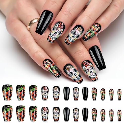 Teegxddy 24Pcs Halloween Falsche Nägel Dunkler Schädel Kurze Falsche Nägel Nageldruck für Frauen und Mädchen Halloween Karneval Cosplay von Teegxddy