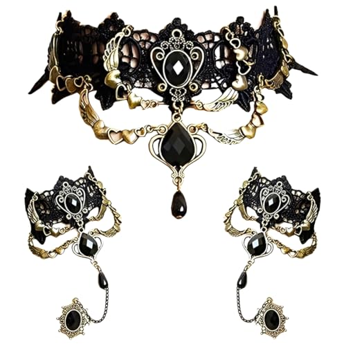 Teegxddy 3pcs Gotisch Choker Halskette,Vampir Kostüm Damen,Armbänder Schmuck Halsband Ketten Victorian Steampunk Retro Zahnräder Spitze Vampir Armband Für Halloween Ostern Lolita Spitze Schwarz von Teegxddy