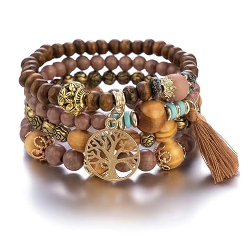 Teegxddy Boho Armbänder Holzperlen Quaste Armband - 4 Stück Frauen Baum des Lebens Charm Statement Armreifen - boho schmuck damen - modeschmuck Geeignet als Geburtstagsgeschenk für Damen und Mädchen von Teegxddy