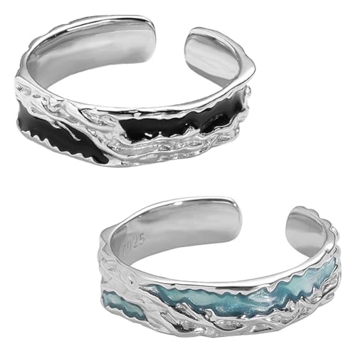 Teegxddy Ringe Koppeln,925 Silber Galvanisieren Ringe, Öffnung Ist Verstellbar,Gothic Style Ring, Geeignet Für Männer Und Frauen, Schwarz Und Blau, 2 Stück von Teegxddy