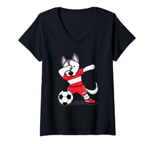 Damen Dabbing Husky Dog Austria Fußballfan, österreichischer Fußballliebhaber T-Shirt mit V-Ausschnitt von Teeisle Austria Soccer