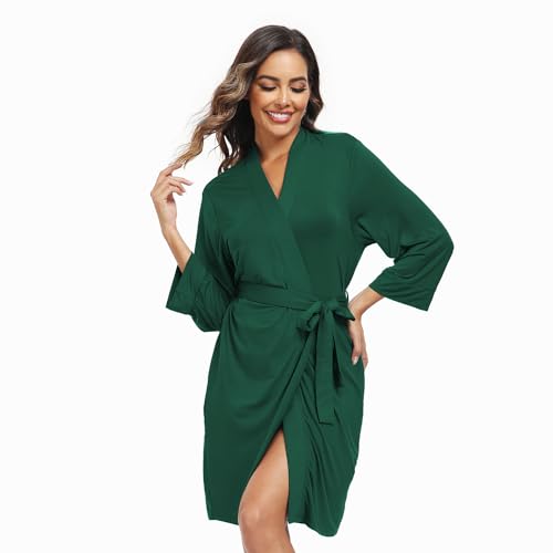 Teemie Damen Bademantel Leichter 3/4 Ärmeln Morgenmantel V-Ausschnitt Kimono Kurz Nachtwäsche Knielanger Saunamantel Bathrobe Robe Für Frauen Bademäntel Schlafanzug Mit Taschen Sauna Grün S von Teemie