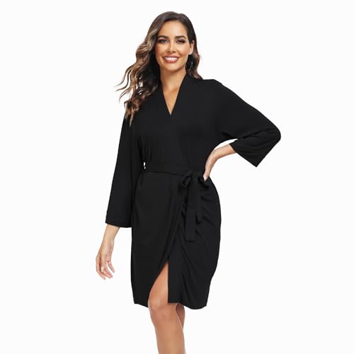 Teemie Damen Bademantel Leichter 3/4 Ärmeln Morgenmantel V-Ausschnitt Kimono Kurz Nachtwäsche Knielanger Saunamantel Bathrobe Robe Für Frauen Bademäntel Schlafanzug Mit Taschen Sauna Schwarz S von Teemie