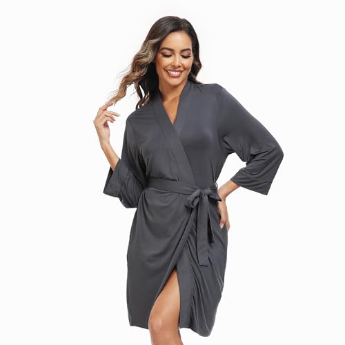 Teemie Damen Bademantel Leichter 3/4 Ärmeln Morgenmantel V-Ausschnitt Kimono Kurz Nachtwäsche Knielanger Saunamantel Bathrobe Robe Für Frauen Bademäntel Schlafanzug Mit Taschen Sauna Grau XL von Teemie