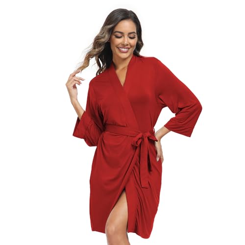 Teemie Damen Bademantel Leichter 3/4 Ärmeln Morgenmantel V-Ausschnitt Kimono Kurz Nachtwäsche Knielanger Saunamantel Bathrobe Robe Für Frauen Bademäntel Schlafanzug Mit Taschen Sauna Rot XL von Teemie