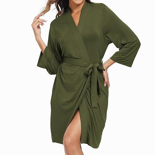 Teemie Damen Bademantel Leichter 3/4 Ärmeln Morgenmantel V-Ausschnitt Kimono Kurz Nachtwäsche Knielanger Saunamantel Bathrobe Robe Für Frauen Bademäntel Schlafanzug Mit Taschen Sauna Grün L von Teemie