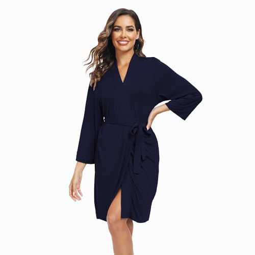 Teemie Damen Bademantel Leichter 3/4 Ärmeln Morgenmantel V-Ausschnitt Kimono Kurz Nachtwäsche Knielanger Saunamantel Bathrobe Robe Für Frauen Bademäntel Schlafanzug Mit Taschen Sauna Blau S von Teemie