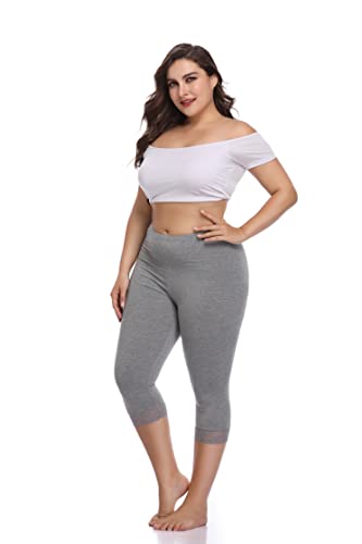 Teemie Damen Capri Leggings 3/4 Sport Sporthose High Waist Kurze Streetwear Yogahose Frauen Hohe Taille Gym Leggings Lässig Spitze Hose Plus Größe Fitness Joggen Trainingshose Grau von Teemie