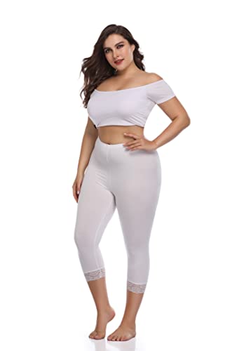 Teemie Damen Capri Leggings 3/4 Sport Sporthose High Waist Kurze Streetwear Yogahose Frauen Hohe Taille Gym Leggings Lässig Spitze Hose Plus Größe Fitness Joggen Trainingshose Weiß von Teemie