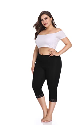 Teemie Damen Capri Leggings 3/6 Sport Sporthose High Waist Kurze Streetwear Yogahose Frauen Hohe Taille Gym Leggings Lässig Spitze Hose Plus Größe Fitness Joggen Trainingshose Schwarz von Teemie