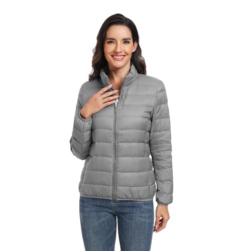 Teemie Damen Daunenjacke Jacke Steppjacke Leichte Übergangsjacke Für Frauen Winterjacke Warm Wintermantel Daunenmantel Kurz Steppmantel Gefüttert Outwear Winter Freizeit Wandern Hellgrau XL von Teemie