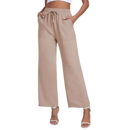 Teemie Damen Hosen Weite Yogahose Baggy Palazzo Hose Lässig Gerade Lose Stretch Hohe Taille Elegant Jogginghose mit Taschen Beige 2XL von Teemie