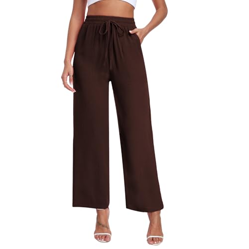 Teemie Damen Hosen Weite Yogahose Baggy Palazzo Hose Lässig Gerade Lose Stretch Hohe Taille Elegant Jogginghose mit Taschen Braun S von Teemie