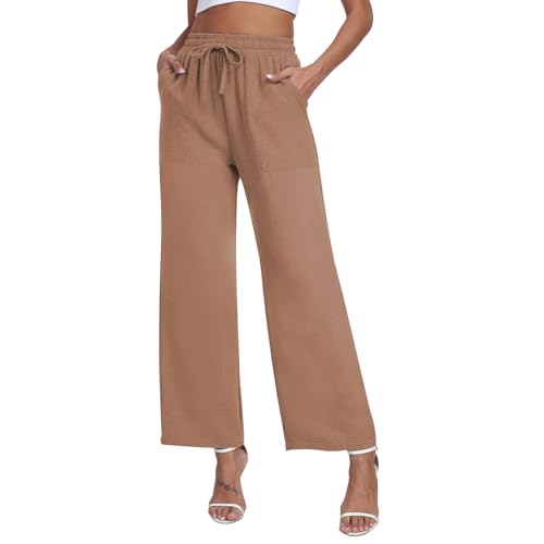 Teemie Damen Hosen Weite Yogahose Baggy Palazzo Hose Lässig Gerade Lose Stretch Hohe Taille Elegant Jogginghose mit Taschen Khaki L von Teemie