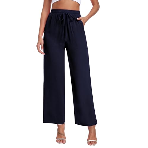 Teemie Damen Hosen Weite Yogahose Baggy Palazzo Hose Lässig Gerade Lose Stretch Hohe Taille Elegant Jogginghose mit Taschen Marineblau 2XL von Teemie