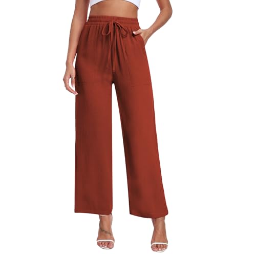 Teemie Damen Hosen Weite Yogahose Baggy Palazzo Hose Lässig Gerade Lose Stretch Hohe Taille Elegant Jogginghose mit Taschen Rot Orange L von Teemie
