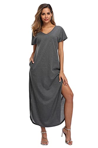 Teemie Damen Kleid Kurzarm Maxikleid Freizeitkleid Loose Fit Sommerkleid Casual Long Strandkleid Höhe Taille Schlitz Maxi Kleider Rundhals Blumenkleid mit Taschen Urlaub Heim Strand T-Shirt von Teemie