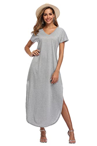 Teemie Damen Kleid Kurzarm Maxikleid Freizeitkleid Loose Fit Sommerkleid Casual Long Strandkleid Höhe Taille Schlitz Maxi Kleider Rundhals Blumenkleid mit Taschen Urlaub Heim Strand T-Shirt von Teemie