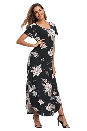 Teemie Damen Kleid Kurzarm Maxikleid Freizeitkleid Loose Fit Sommerkleid Casual Long Strandkleid Höhe Taille Schlitz Maxi Kleider Rundhals Blumenkleid mit Taschen Urlaub Heim Strand T-Shirt von Teemie