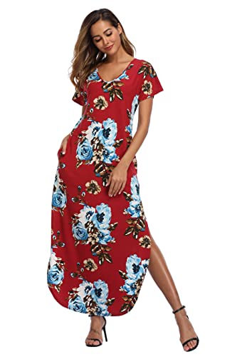 Teemie Damen Kleid Kurzarm Maxikleid Freizeitkleid Loose Fit Sommerkleid Casual Long Strandkleid Höhe Taille Schlitz Maxi Kleider Rundhals Blumenkleid mit Taschen Urlaub Heim Strand T-Shirt von Teemie