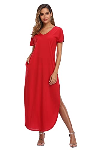 Teemie Damen Kleid Kurzarm Maxikleid Freizeitkleid Loose Fit Sommerkleid Casual Long Strandkleid Höhe Taille Schlitz Maxi Kleider Rundhals Blumenkleid mit Taschen Urlaub Heim Strand T-Shirt von Teemie