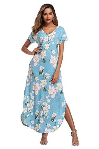 Teemie Damen Kleid Kurzarm Maxikleid Freizeitkleid Loose Fit Sommerkleid Casual Long Strandkleid Höhe Taille Schlitz Maxi Kleider Rundhals Blumenkleid mit Taschen Urlaub Heim Strand T-Shirt von Teemie