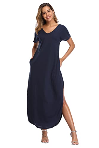 Teemie Damen Kleid Kurzarm Maxikleid Freizeitkleid Loose Fit Sommerkleid Casual Long Strandkleid Höhe Taille Schlitz Maxi Kleider Rundhals Blumenkleid mit Taschen Urlaub Heim Strand T-Shirt von Teemie