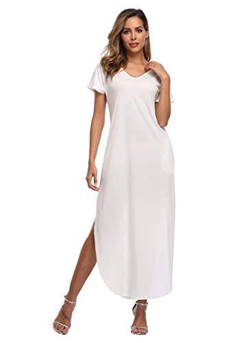 Teemie Damen Kleid Kurzarm Maxikleid Freizeitkleid Loose Fit Sommerkleid Casual Long Strandkleid Höhe Taille Schlitz Maxi Kleider Rundhals Blumenkleid mit Taschen Urlaub Heim Strand T-Shirt von Teemie