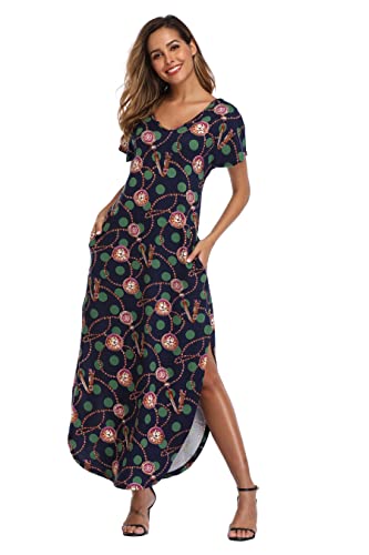 Teemie Damen Kleid Kurzarm Maxikleid Freizeitkleid Loose Fit Sommerkleid Casual Long Strandkleid Höhe Taille Schlitz Maxi Kleider Rundhals Blumenkleid mit Taschen Urlaub Heim Strand T-Shirt von Teemie