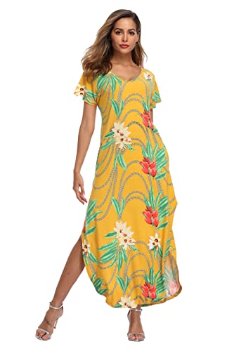 Teemie Damen Kleid Kurzarm Maxikleid Freizeitkleid Loose Fit Sommerkleid Casual Long Strandkleid Höhe Taille Schlitz Maxi Kleider Rundhals Blumenkleid mit Taschen Urlaub Heim Strand T-Shirt von Teemie