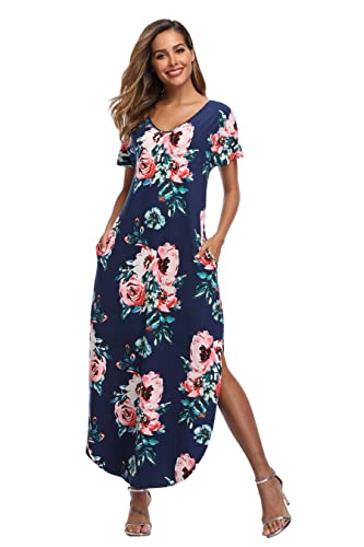 Teemie Damen Kleid Kurzarm Maxikleid Freizeitkleid Loose Fit Sommerkleid Casual Long Strandkleid Höhe Taille Schlitz Maxi Kleider Rundhals Blumenkleid mit Taschen Urlaub Heim Strand T-Shirt von Teemie