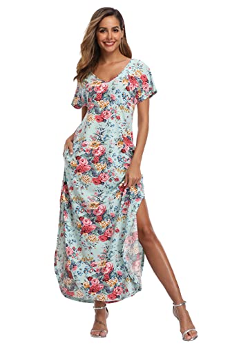 Teemie Damen Kleid Kurzarm Maxikleid Freizeitkleid Loose Fit Sommerkleid Casual Long Strandkleid Höhe Taille Schlitz Maxi Kleider Rundhals Blumenkleid mit Taschen Urlaub Heim Strand T-Shirt von Teemie