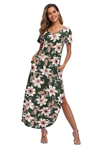 Teemie Damen Kleid Kurzarm Maxikleid Freizeitkleid Loose Fit Sommerkleid Casual Long Strandkleid Höhe Taille Schlitz Maxi Kleider Rundhals Blumenkleid mit Taschen Urlaub Heim Strand T-Shirt von Teemie