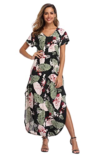 Teemie Damen Kleid Kurzarm Maxikleid Freizeitkleid Loose Fit Sommerkleid Casual Long Strandkleid Höhe Taille Schlitz Maxi Kleider Rundhals Blumenkleid mit Taschen Urlaub Heim Strand T-Shirt von Teemie