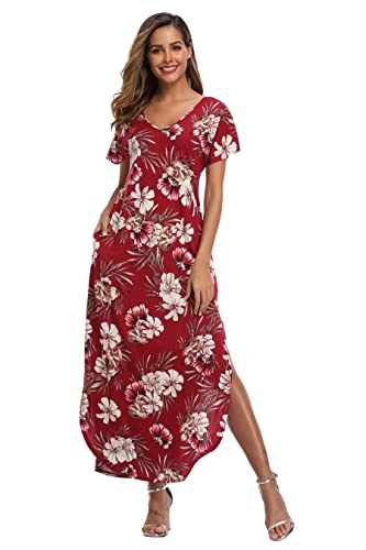 Teemie Damen Kleid Kurzarm Maxikleid Freizeitkleid Loose Fit Sommerkleid Casual Long Strandkleid Höhe Taille Schlitz Maxi Kleider Rundhals Blumenkleid mit Taschen Urlaub Heim Strand T-Shirt von Teemie