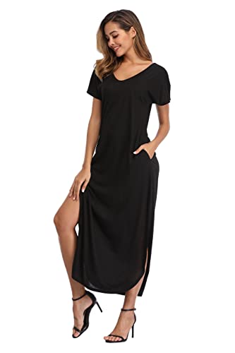 Teemie Damen Kleid Kurzarm Maxikleid Freizeitkleid Loose Fit Sommerkleid Casual Long Strandkleid Höhe Taille Schlitz Maxi Kleider Rundhals Blumenkleid mit Taschen Urlaub Heim Strand T-Shirt von Teemie