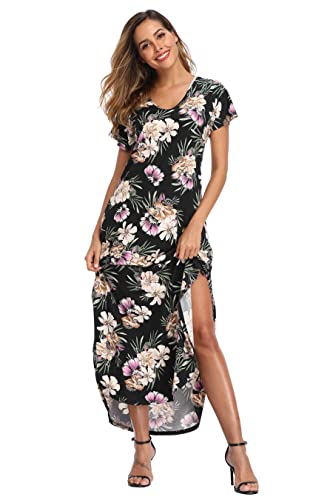 Teemie Damen Kleid Kurzarm Maxikleid Freizeitkleid Loose Fit Sommerkleid Casual Long Strandkleid Höhe Taille Schlitz Maxi Kleider Rundhals Blumenkleid mit Taschen Urlaub Heim Strand T-Shirt von Teemie