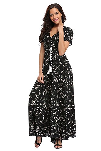 Teemie Damen Kleid Kurzarm Maxikleid Sommerkleid Boho Lang Kleider V Ausschnitt Strandkleid Sommer Casual Hübsche Blumenkleid Beachkleid Flowy Split Kleid mit Gürtel Holidy von Teemie