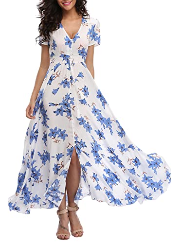 Teemie Damen Kleid Kurzarm Maxikleid Sommerkleid Boho Lang Kleider V Ausschnitt Strandkleid Sommer Casual Hübsche Blumenkleid Beachkleid Flowy Split Kleid mit Gürtel Holidy von Teemie