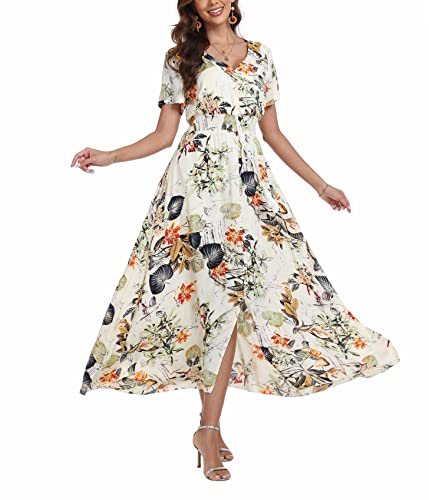 Teemie Damen Kleid Kurzarm Maxikleid Sommerkleid Boho Lang Kleider V Ausschnitt Strandkleid Sommer Casual Hübsche Blumenkleid Beachkleid Flowy Split Kleid mit Gürtel Holidy von Teemie