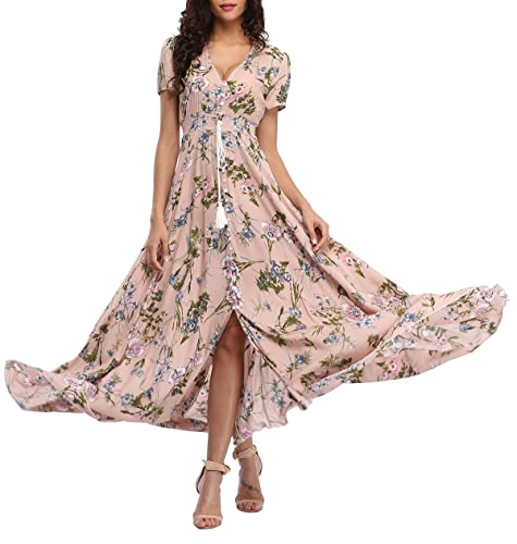 Teemie Damen Kleid Kurzarm Maxikleid Sommerkleid Boho Lang Kleider V Ausschnitt Strandkleid Sommer Casual Hübsche Blumenkleid Beachkleid Flowy Split Kleid mit Gürtel Holidy von Teemie