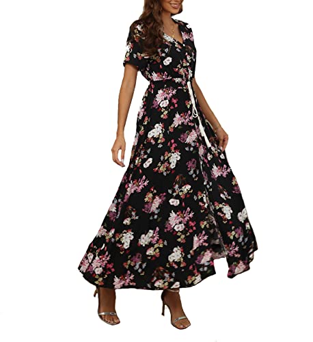 Teemie Damen Kleid Kurzarm Maxikleid Sommerkleid Boho Lang Kleider V Ausschnitt Strandkleid Sommer Casual Hübsche Blumenkleid Beachkleid Flowy Split Kleid mit Gürtel Holidy von Teemie