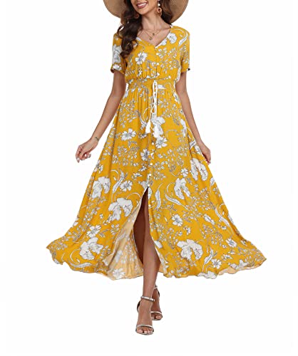 Teemie Damen Kleid Kurzarm Maxikleid Sommerkleid Boho Lang Kleider V Ausschnitt Strandkleid Sommer Casual Hübsche Blumenkleid Beachkleid Flowy Split Kleid mit Gürtel Holidy von Teemie