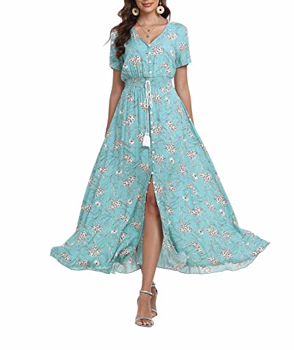 Teemie Damen Kleid Kurzarm Maxikleid Sommerkleid Boho Lang Kleider V Ausschnitt Strandkleid Sommer Casual Hübsche Blumenkleid Beachkleid Flowy Split Kleid mit Gürtel Holidy von Teemie