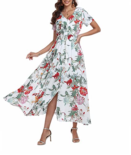 Teemie Damen Kleid Kurzarm Maxikleid Sommerkleid Boho Lang Kleider V Ausschnitt Strandkleid Sommer Casual Hübsche Blumenkleid Beachkleid Flowy Split Kleid mit Gürtel Holidy von Teemie